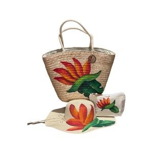 Floral Hand Painted Beach Bag with Matching Hat & Makeup Bag !